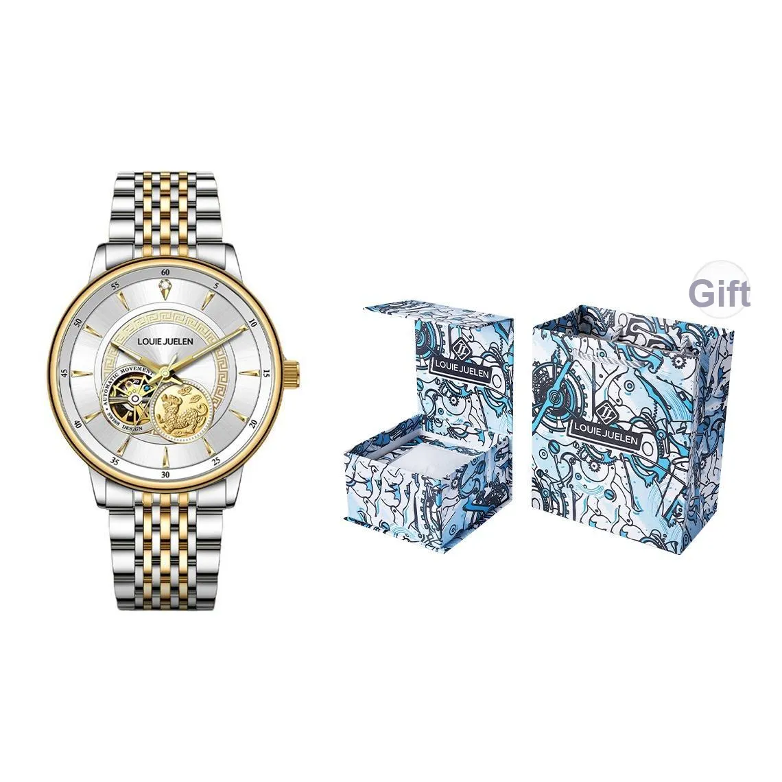 LOUIE JUELEN Kirin Collection Автоматический Механический Механизм Нержавеющая Сталь Ремешок Часы Мужские Часы Серебристый Циферблат