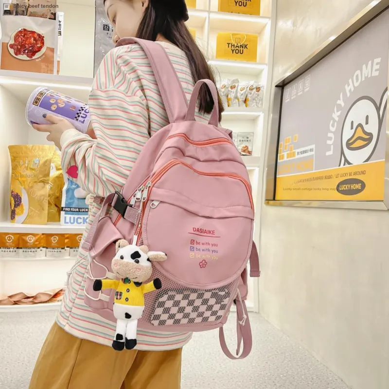 OURFUN Nylon Backpack Regular Unisex Ivory/Black/Pink/Navy Blue-5