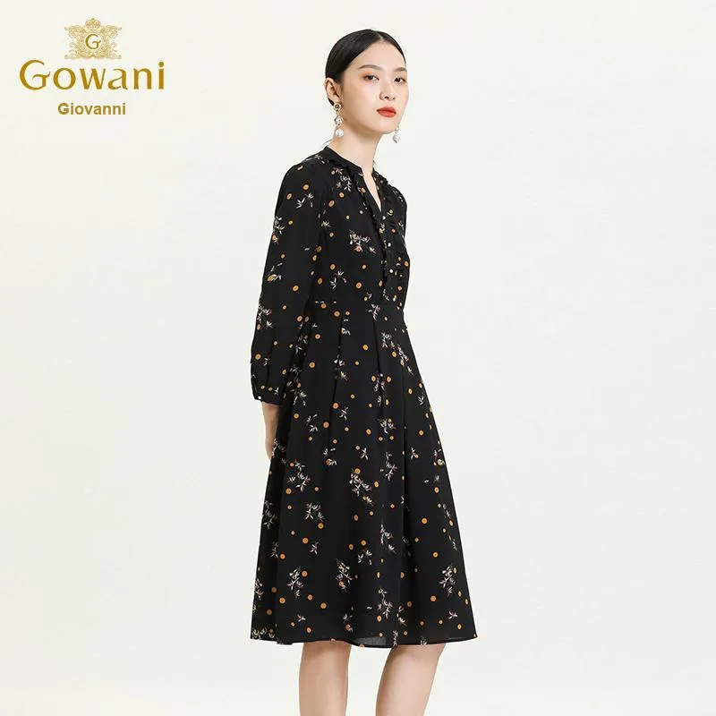 QIAOWANNI 2025 Spring Long Sleeved Dress Women's Yellow Hyacinth Polka Dot Flower-4