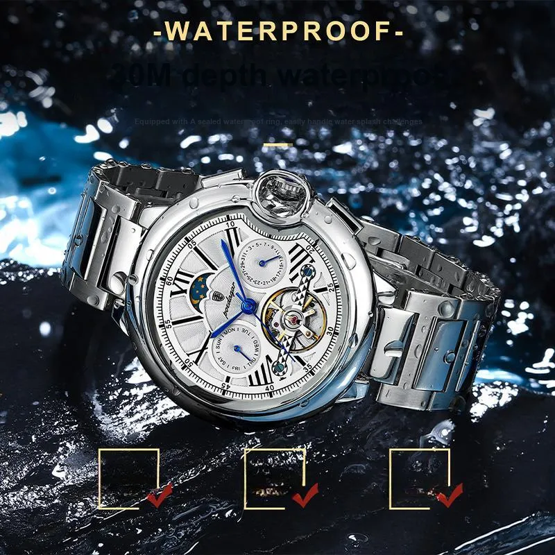 POEDAGAR Mechanical Movement Stainless Steel Watchband Men's Watches White Dial-23