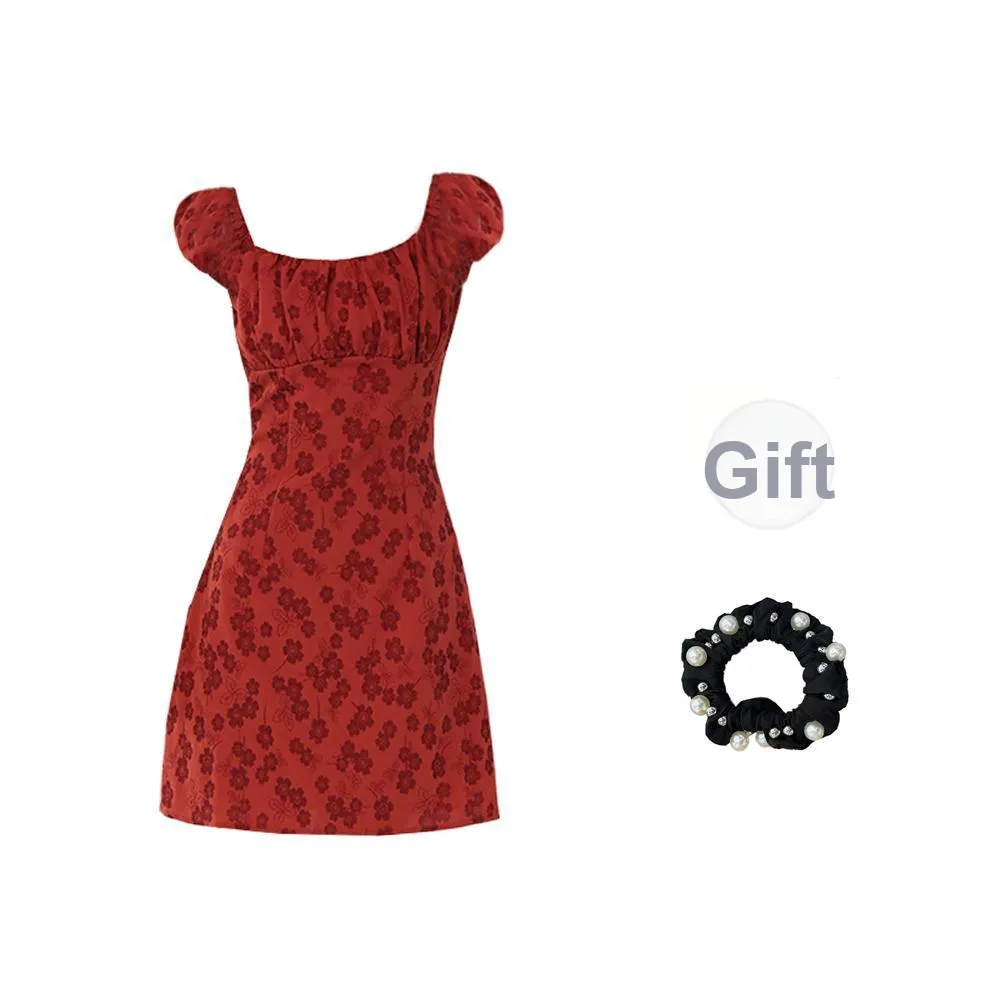WUSHANSHAN Короткий рукав Платье Женское Красное + Резинка для волос в комплекте