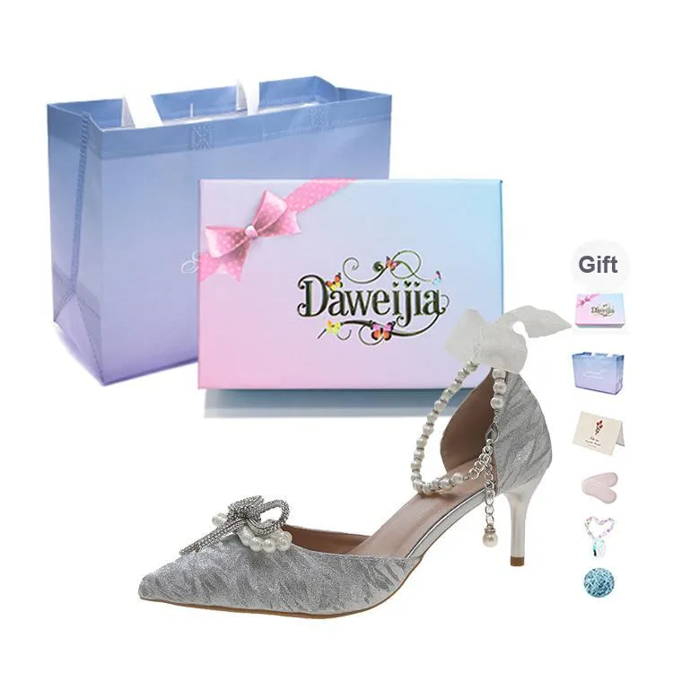 Dawei's House Slim Heel High Heels Women's Silver Gift Box Set-3