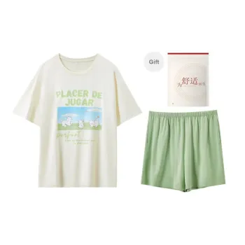 Red Beans At Home Pajama Set Women's Short Sleeved Shorts Beige Yellow