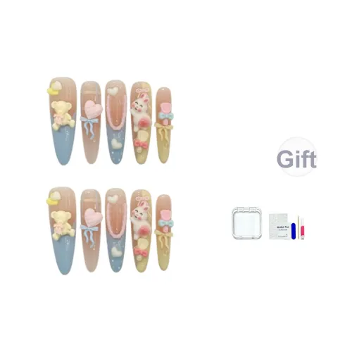 HUYONG Медведь Picnic Макарон Мультяшный False Nail Овал Кремовый Градиентный Французский 16 мм