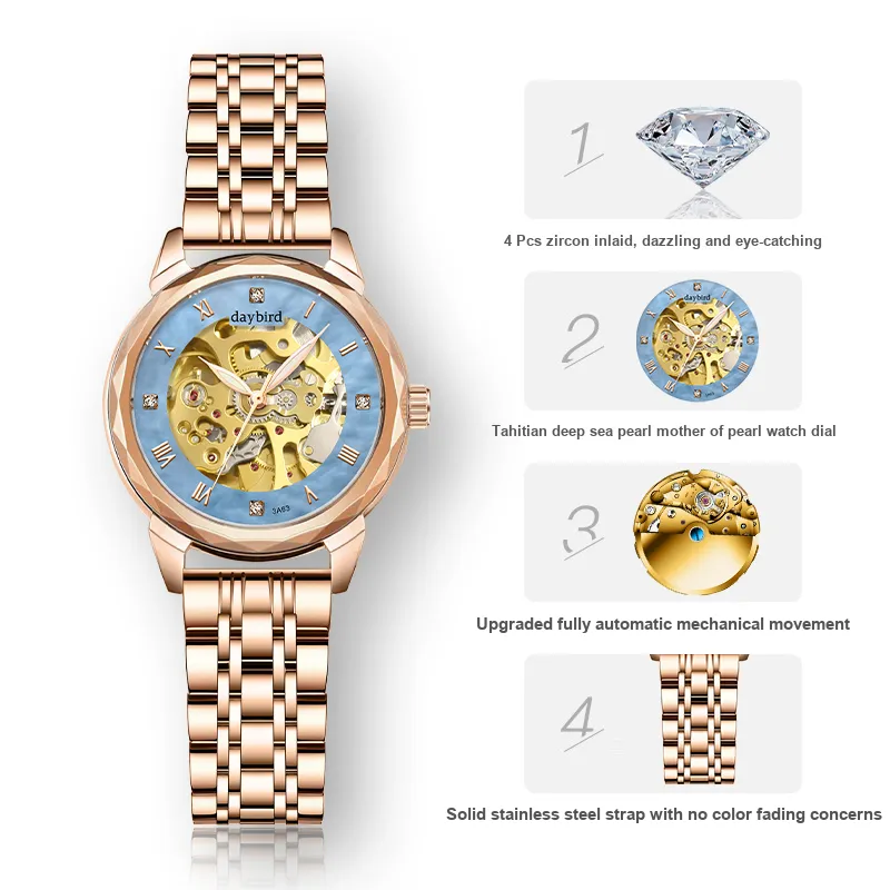 DAYBIRD Automatic Mechanical Movement Watch Women's Watch Cut-Out Dial-6