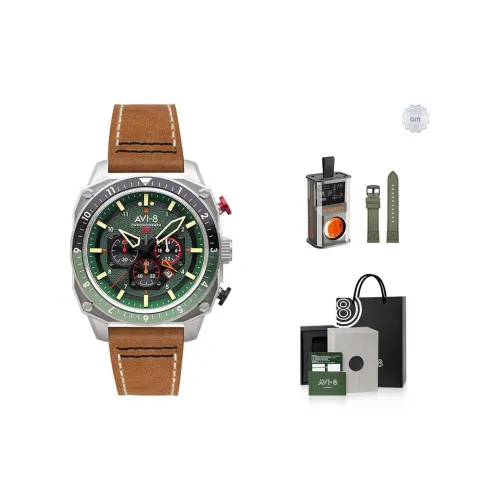 AVI 8 Hunter Fighter Наручные часы Кварцевый механизм Натуральная кожа Ремень Зеленый циферблат Мужские часы Коробка