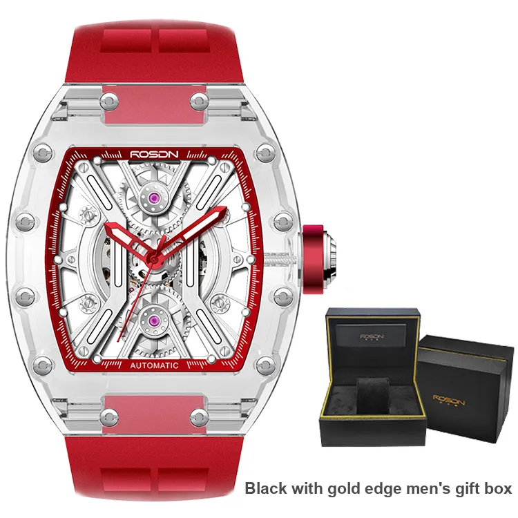 ROSDN Trendy Fashion Collection Automatic Mechanical Movement Silicone Strap Watch Men's Watches Cut Out Dial G2702-8
