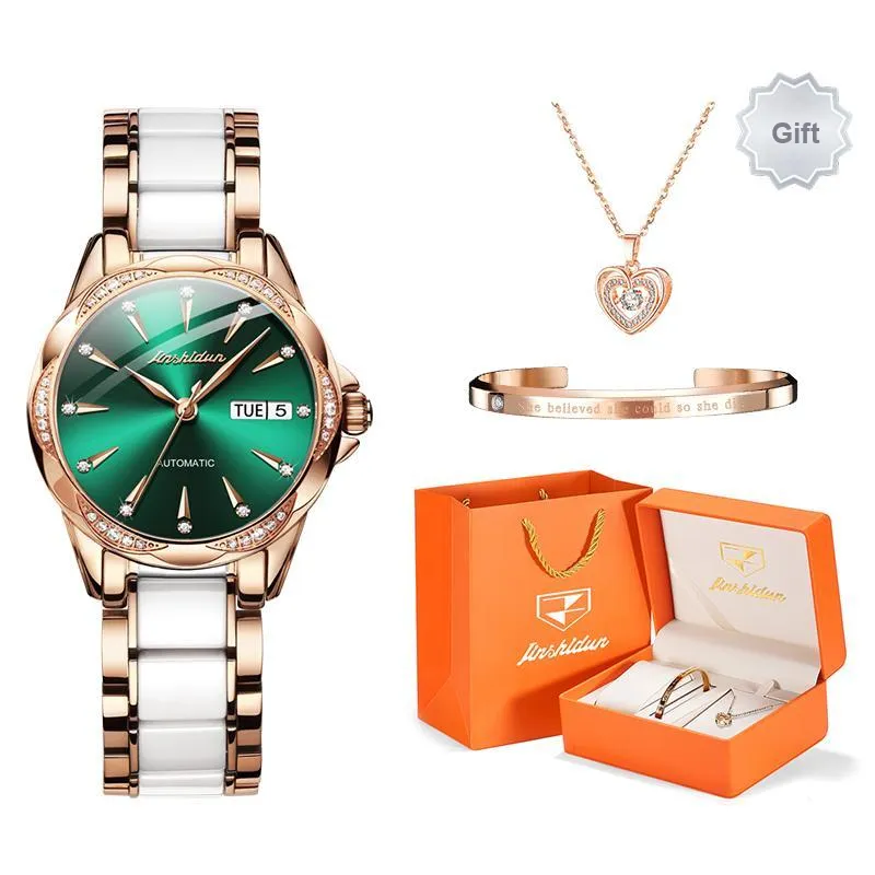 Jin Shi Dun Rhinestone Embellished Box Mechanical Movement Watch Women's Watch White Dial-6