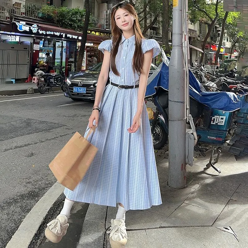 Vine Color Short Sleeved Dress Women's Light Blue Plaid-2