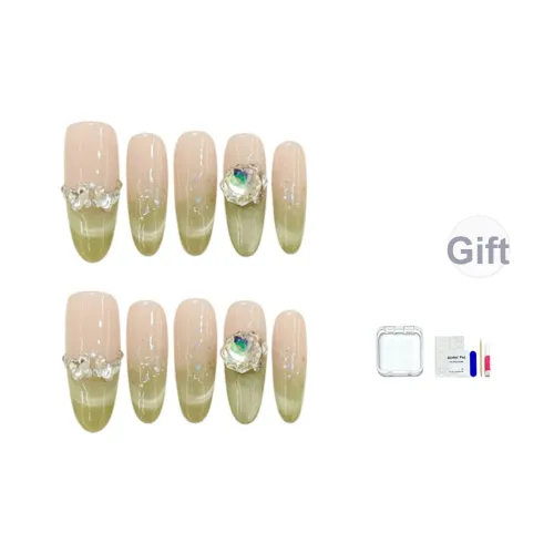 JINGCHANXUE [Прозрачный Гуайява] Улыбка Кошачий глаз False Nail Овал Матча Зеленый Градиентный Стразы Украшенный 14mm