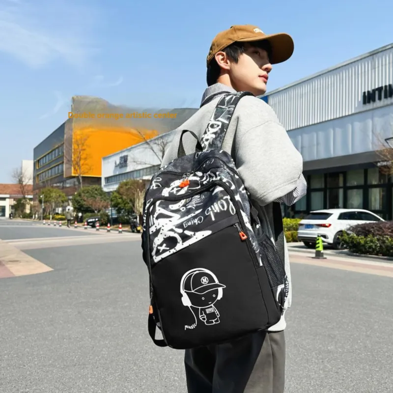 MOK Nylon Backpack Regular Unisex Pure Black/White/Blue/Black-14