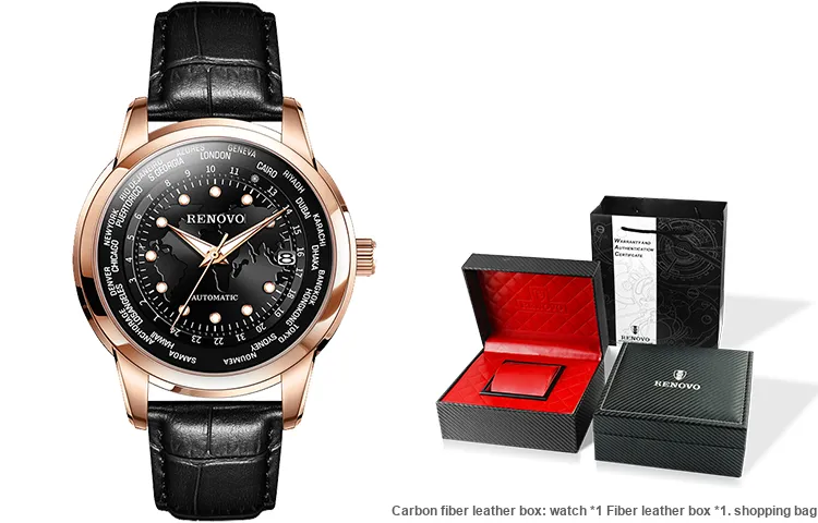 RENOVO Star Collection Mechanical Movement Leather Watch Bands Watch Men's Watches Black Dial-9