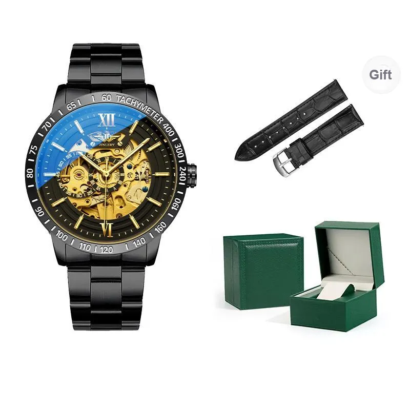 JINLERY Automatic Mechanical Movement Stainless Steel Watchband Watch Men's Watches Black Dial