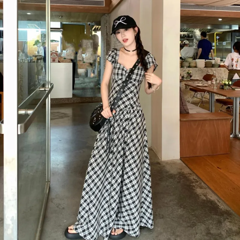 YGPRW Sleeveless Dress Women's Black White Plaid-5