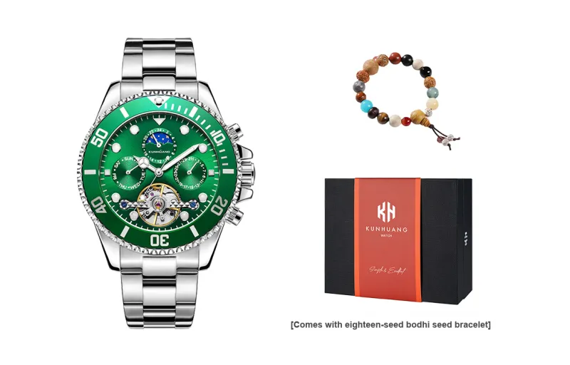 KUN HUANG Nautical Collection Mechanical Movement Stainless Steel Strap Watch Men's Watches Green Dial-7