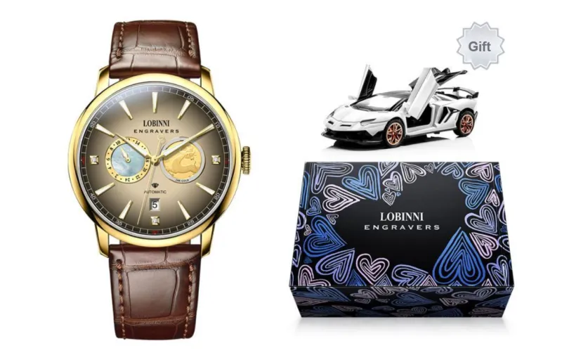 LOBINNI L Affordable Luxury Men's Watch Mechanical Movement Cowhide Strap Watch Men's Watches Gold Dial-7