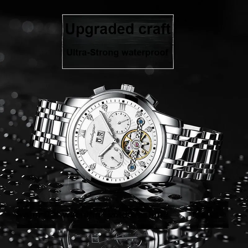 POEDAGAR Mechanical Movement Stainless Steel Watchband Men's Watches Black Dial-11