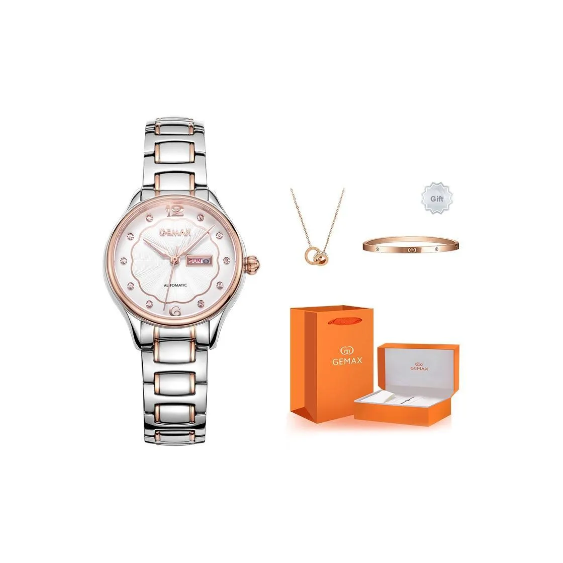 GEMAX Механические наручные часы ремешок из нержавеющей стали женские часы белый циферблат