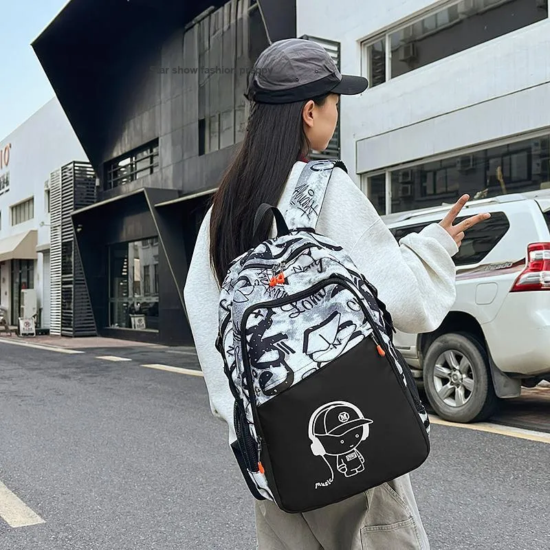 BRABOSTON Nylon Backpack Regular Unisex Pure Black/White/Blue/Black-7