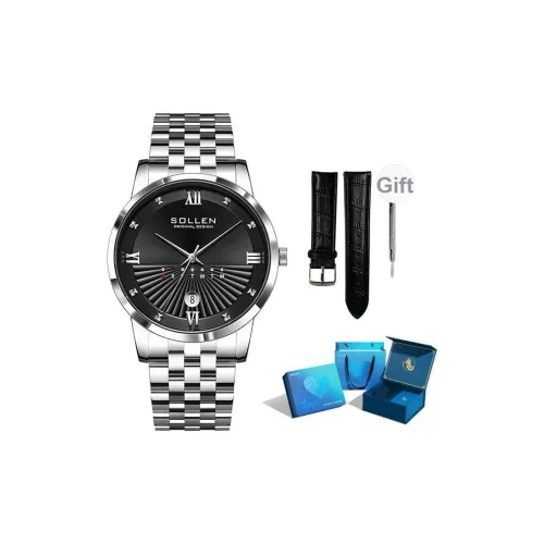 SOLLEN Кварцевый механизм ремешок из нержавеющей стали черный циферблат мужские часы