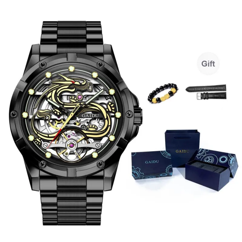 GAIDU Automatic Mechanical Movement Steel Strap Watch Men's Watches Black Dial-7