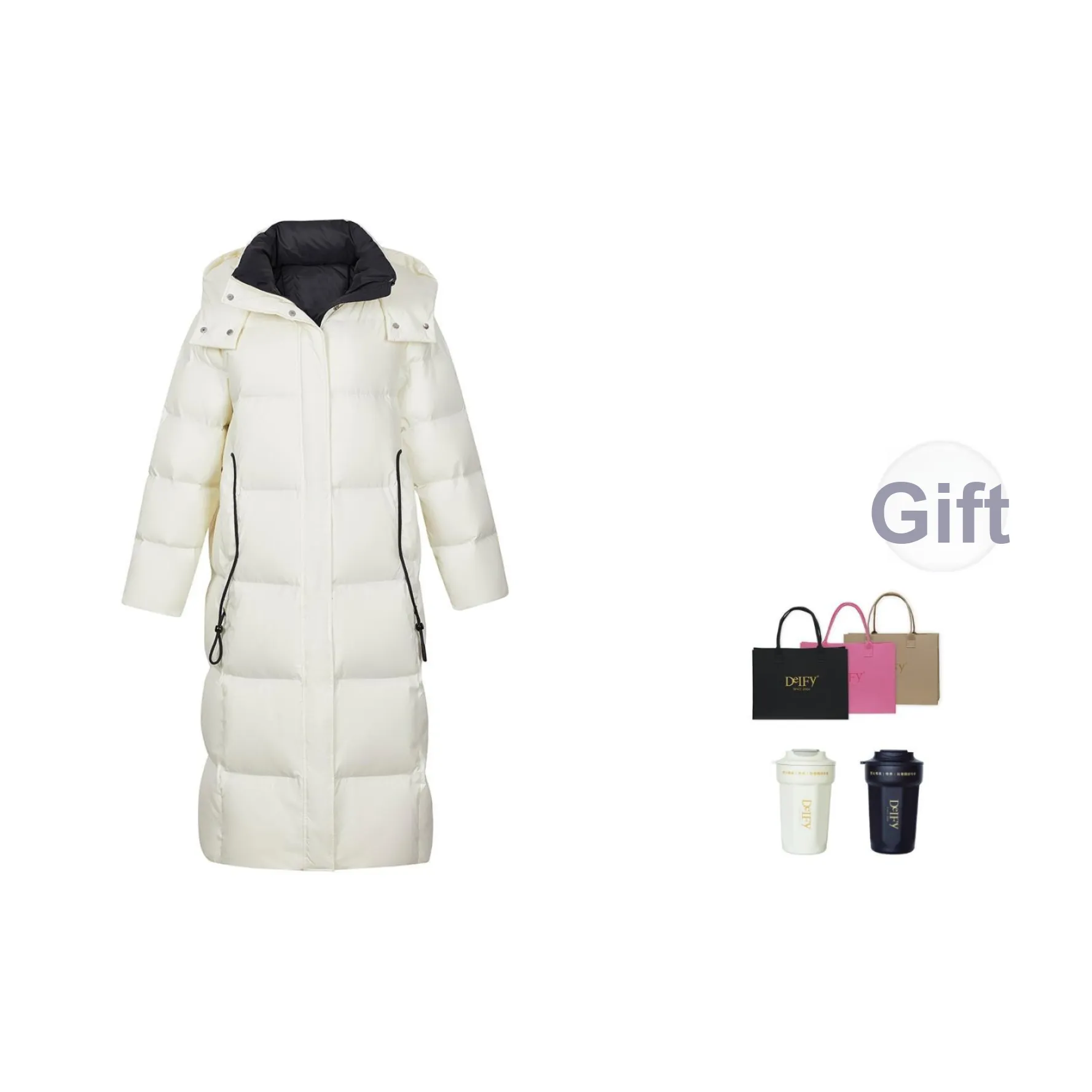 DEIFY Зимний длинный белый пуховик из утиного пуха куртка женский