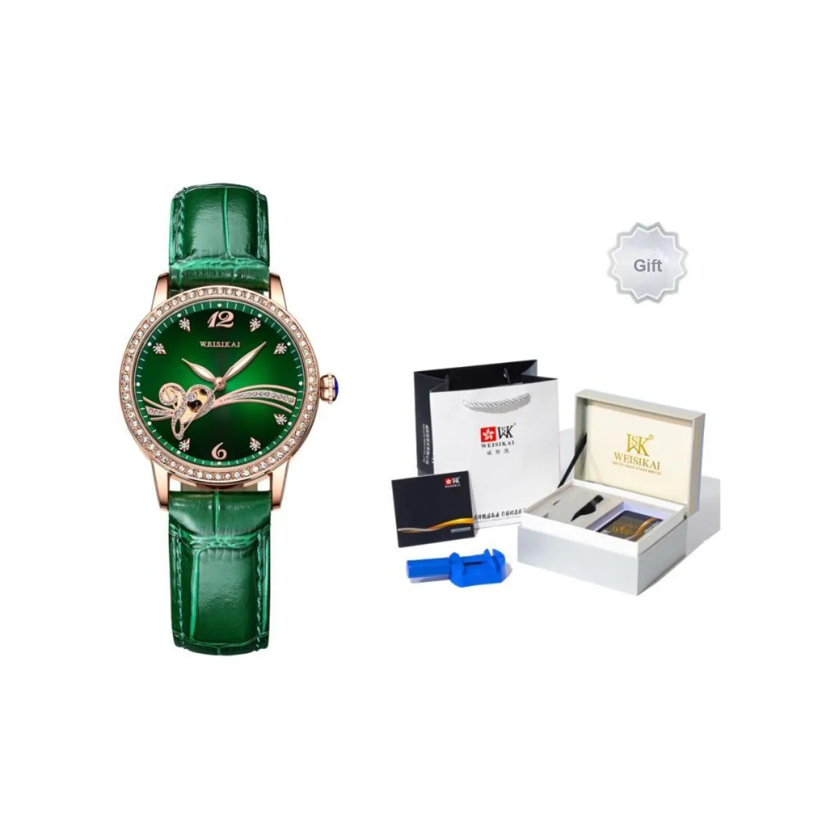 WSK Automatic Mechanical Movement Cowhide Strap Watch Women's Watch Green Dial