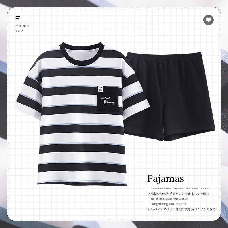 FENTENGCARE Pajama Set Women's Black White Stripes-1