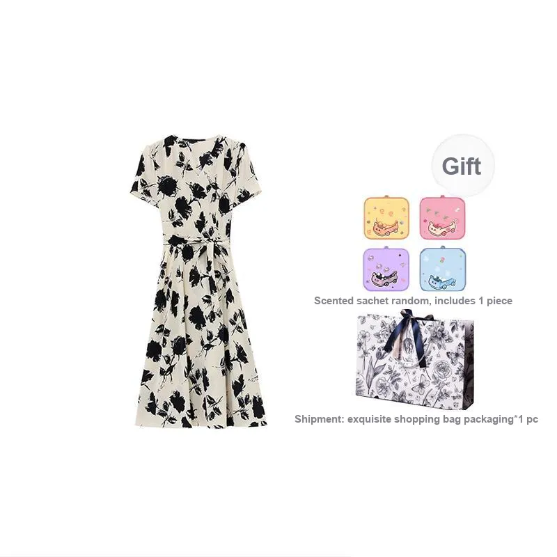 HUASJ Short Sleeved Dresses Women's Apricot Base With Black Flowers-4