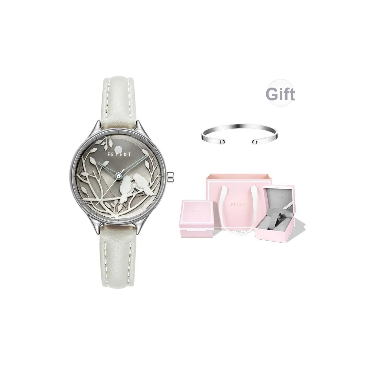 FEYERT Round Bird Collection Кварцевый механизм ремешок из нержавеющей стали женские часы бежевый циферблат