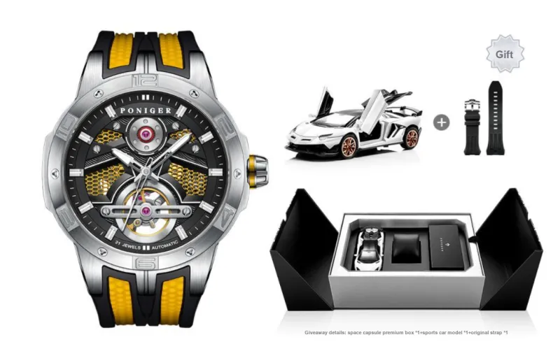 PONIGER Space Man Concept Automatic Mechanical Movement Rubber Strap Men's Watches Cut Out Dial-16