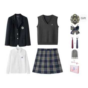 Tokyo Season Uniforms Women's Dark Blue Suit+Blue Yellow Checkered Skirt, Comes With Free Vest+Shirt+Dust Bag+Small Accessories