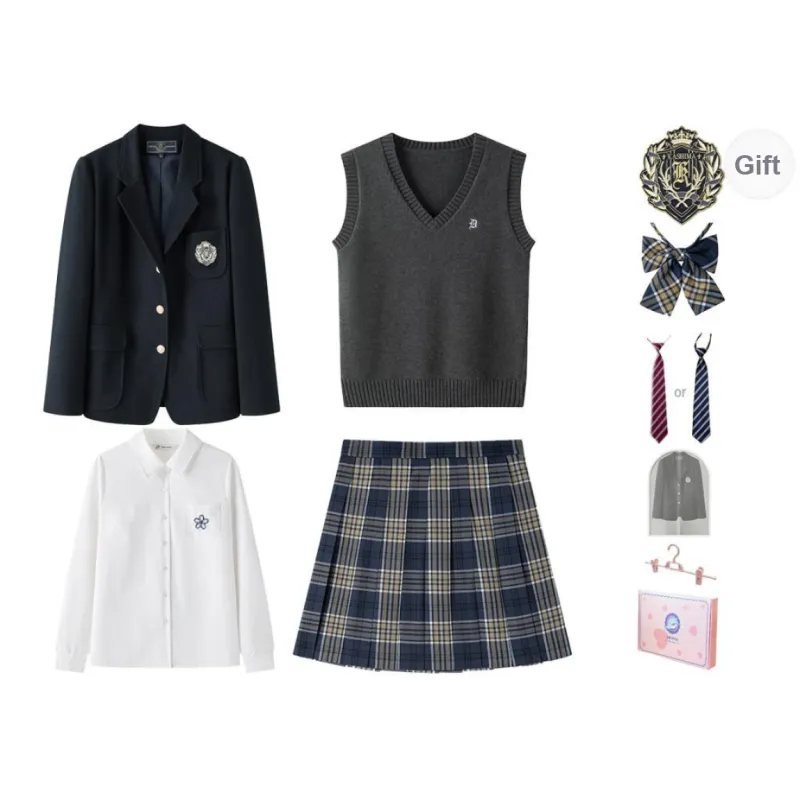 Tokyo Season Uniforms Women's Dark Blue Suit+Blue Yellow Checkered Skirt, Comes With Free Vest+Shirt+Dust Bag+Small Accessories-0
