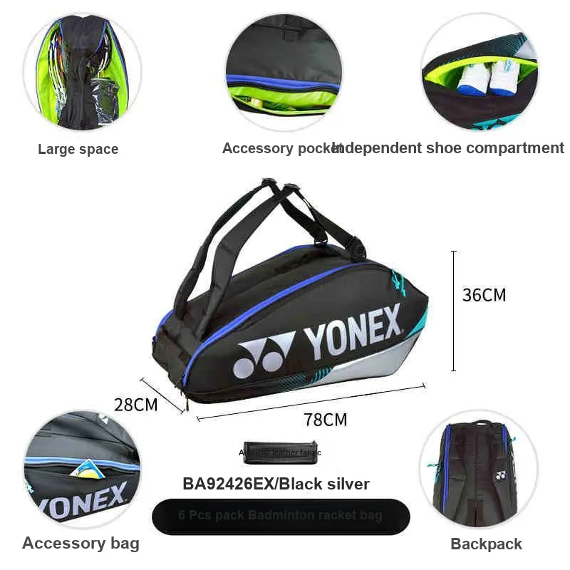 YONEX Badminton Racket Bags 6 Pcs Sporty Style Backpack Black Silver Unisex-1