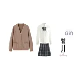Brown Cardigan+V-Neck Long Sleeve+Dark Night Killer Short Skirt, Includes Bow Ties+Calf Socks+Hanger