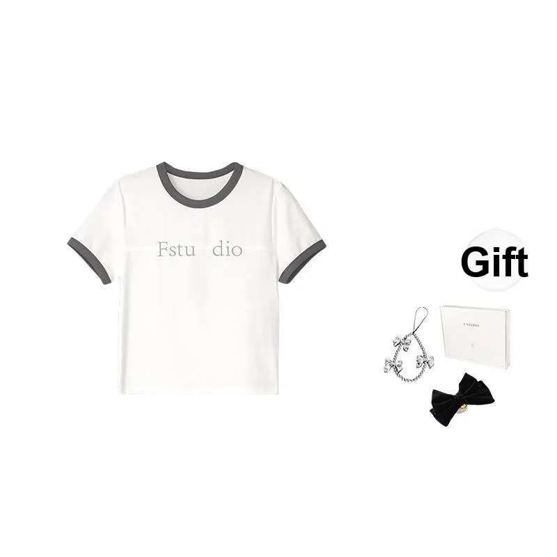 Fstudio Short Sleeved Summer Korean Style Crew Neck Print Color Block Letter T Shirt Women's-0