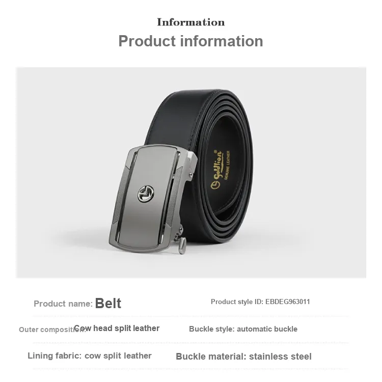 GOLDLION Finely Engraved 3D Effect Logo Business Stainless Steel Buckle Top Layer Cow Leather Belts Men's Black 3.5cm-4