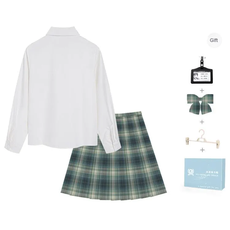 Ice Cream And Whale Uniforms Women's Jingsiyue Shirt+Qingluan Checkered Skirt Comes With Bow Tie+Hanger+School Emblem-1