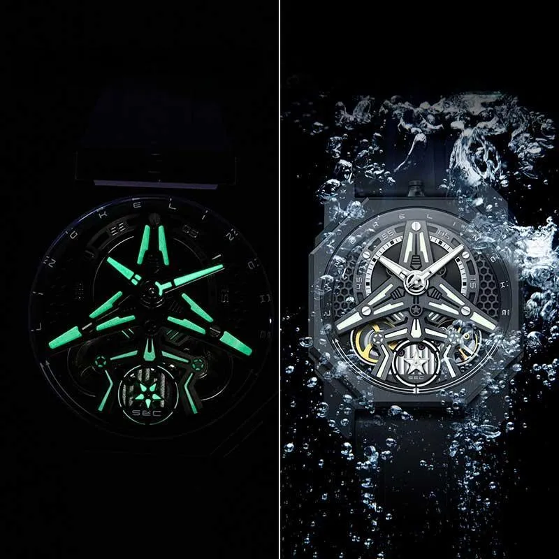 LINGKE Starship Collection Automatic Mechanical Movement Silicone Strap Watch Men's Watches Cut-Out Dial-8