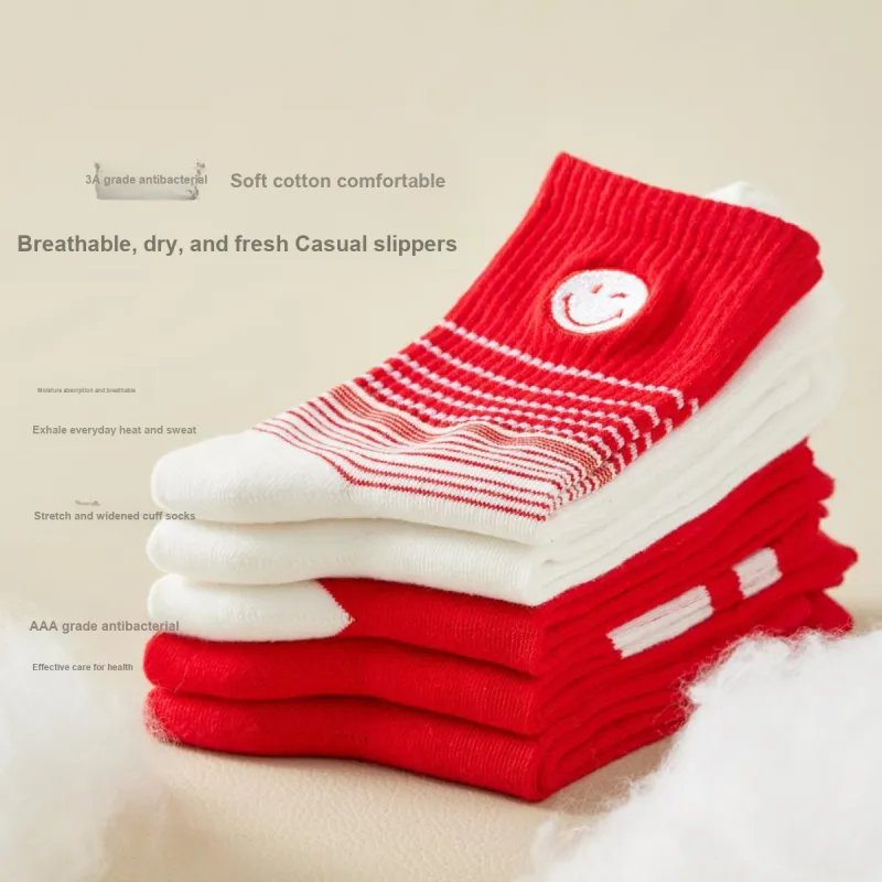 MIIOW Mid Calf Socks Women's 5 Pack Red And White Text Pattern-5
