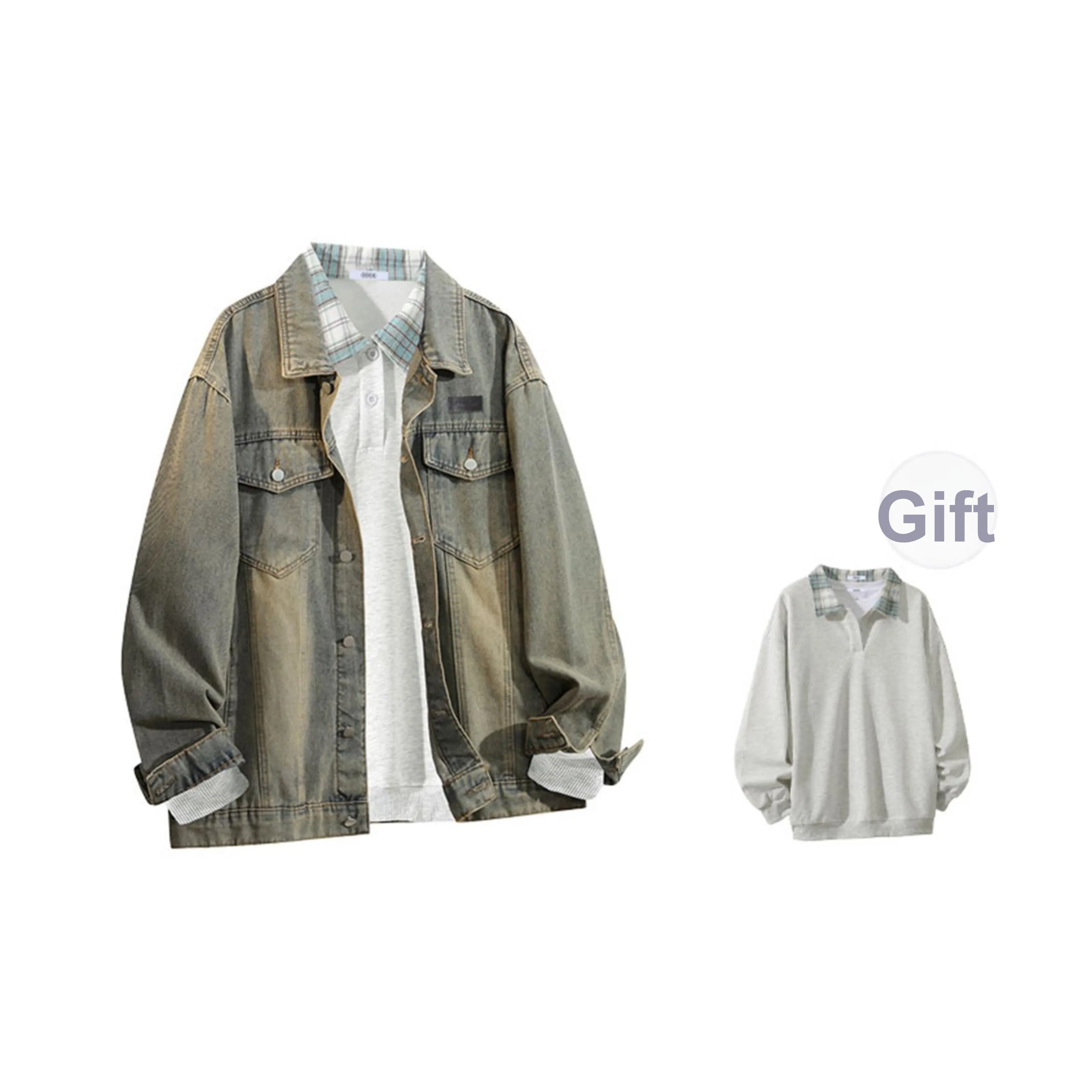 OGEK Denim Jacket Unisex Washed Yellow Mud Includes Gray White Polo+Brooch