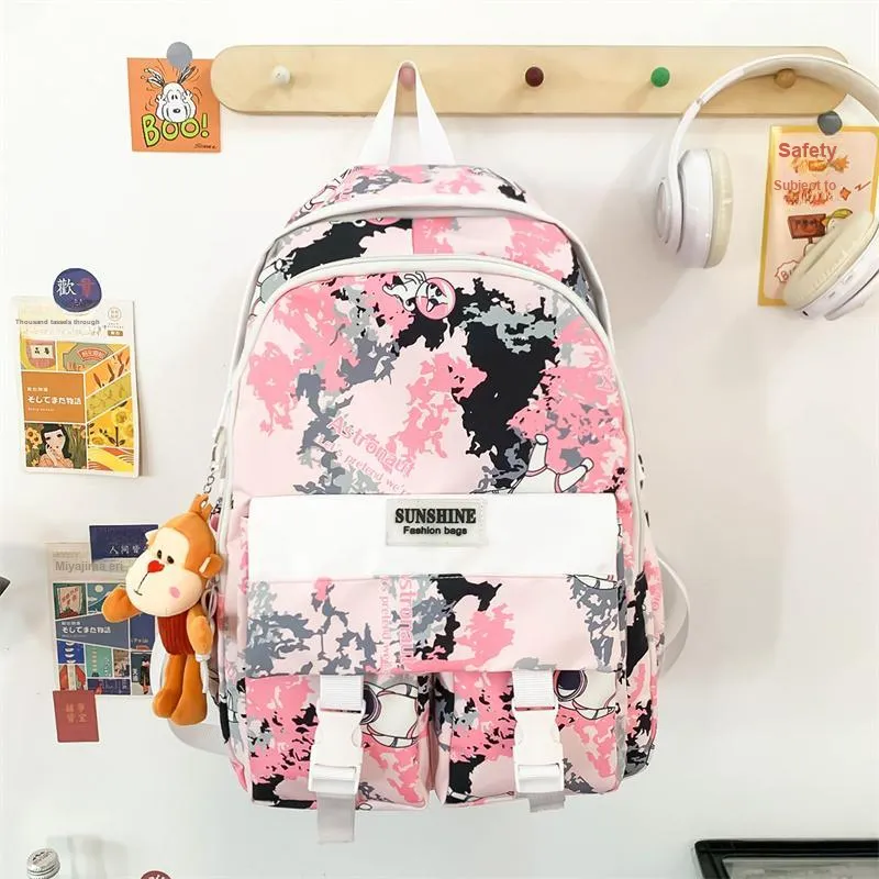 URBAN FOREST Nylon Backpack Unisex Black/Pink/Green-5