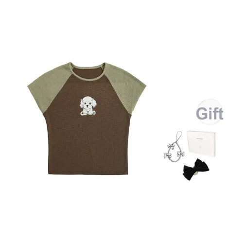 Fstudio Винтаж С принтом Минималистский стиль Пэчворк Короткий рукав Т-рубашки Женские