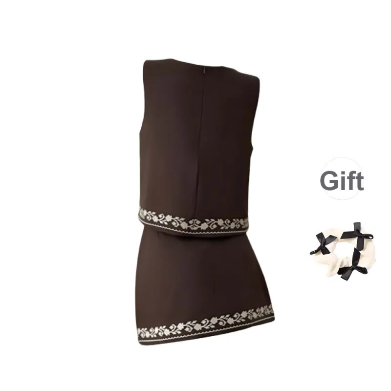 TURN UP Skirt Set Women's Brown Two Piece Set+Bowknot Hair Tie Comes With-1