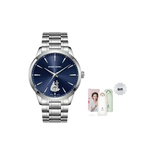 ERNEST BOREL Кварцевый механизм Мужские часы Часы 40 мм Синий циферблат Корпус из нержавеющей стали Ремешок из натуральной кожи