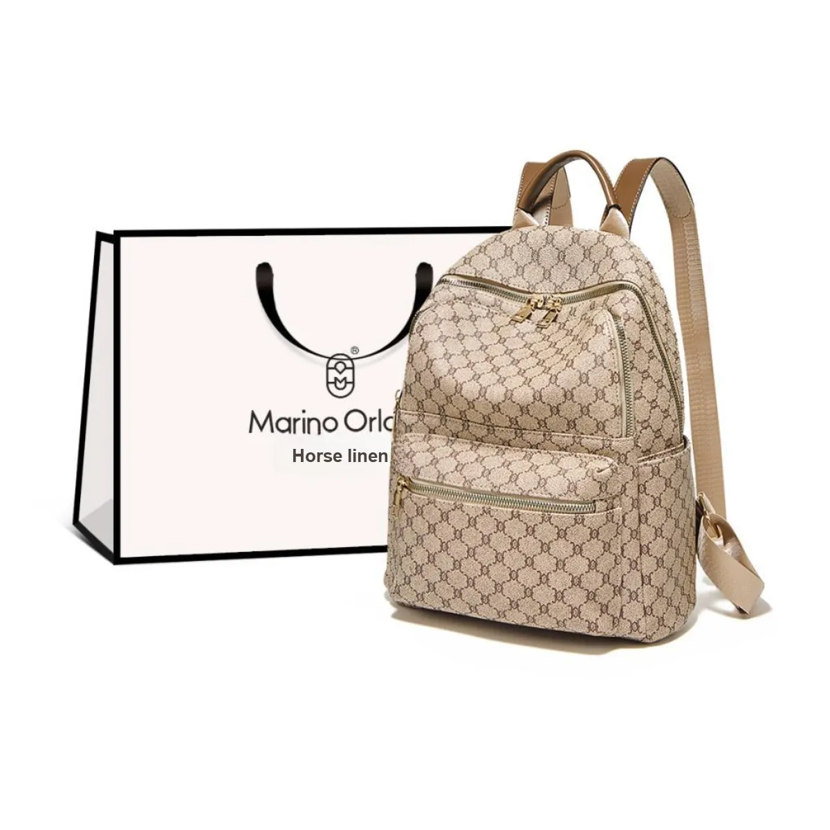 Marino Orlandi Classic Premium Monogram PVC Backpack Regular Unisex Khaki & Coffee
