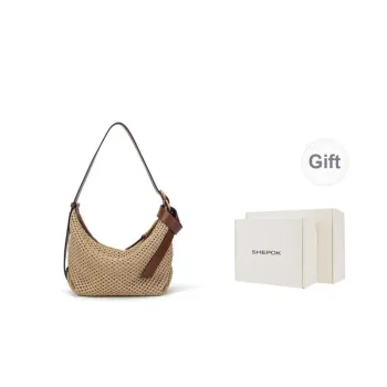SHEPOK Raffia Patchwork Tanned Cow Leather Handbag Regular Women's Natural