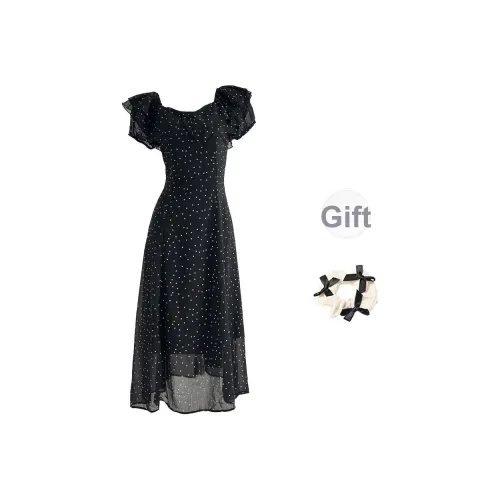 Черный + Бант Резинка для волос С подарками Женские Короткие Платья с рукавами