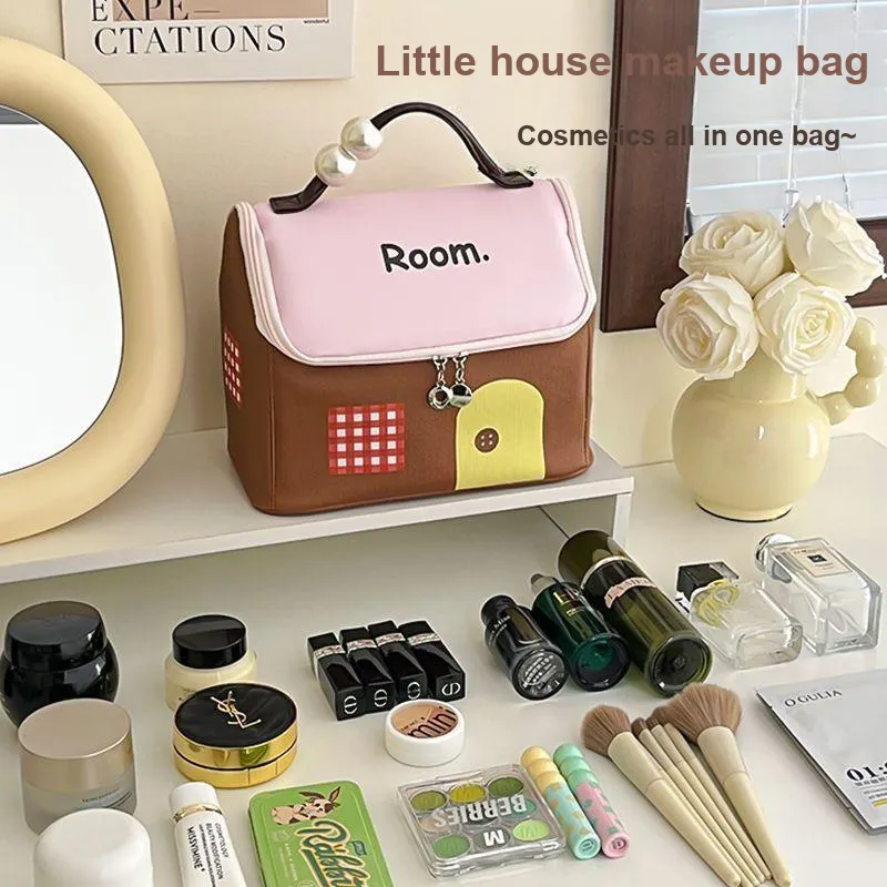 LIANXIANGKE Little House Dopamine Dressing Makeup Bags Large Capacity Partitioned Multi Layer Portable-6