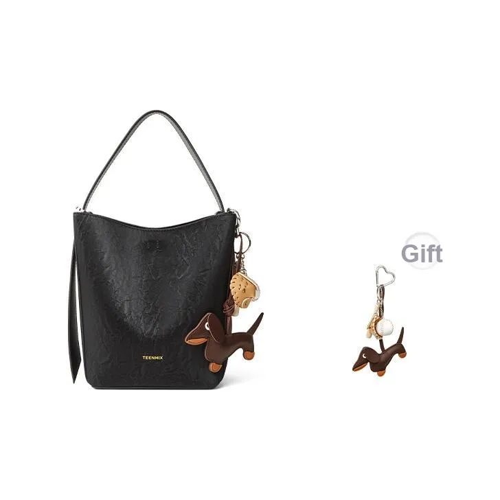 teenmix Сумка-ведро из коровьей кожи сумка на одно плечо среднего размера женская черная